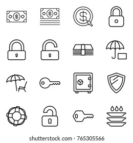 Thin line icon set : money, dollar arrow, lock, unlock, lounger, key, safe, shield, lifebuoy, unlocked, plate washing