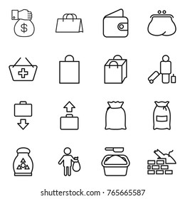 Thin line icon set : money gift, shopping bag, wallet, purse, add to basket, passenger, baggage get, flour, fertilizer, trash, washing powder, construct garbage