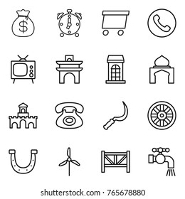 Thin line icon set : money bag, alarm clock, delivery, phone, tv, arch, building, minaret, fort, sickle, wheel, horseshoe, windmill, farm fence, water tap