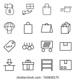 Thin line icon set : money gift, shopping bag, delivery, parachute, sale label, package box, hi quality, rack