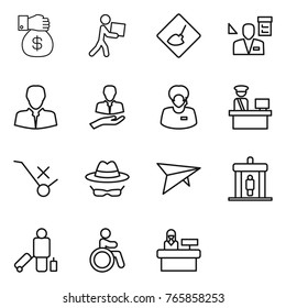 Thin line icon set : money gift, courier, under construction, architector, client, support manager, customs control, do not trolley sign, confidential, deltaplane, detector, passenger, invalid