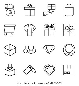 Thin line icon set : money gift, shopping bag, delivery, parachute, box, sale, diamond, necklace, package, label, heart pendant