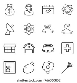 Thin line icon set : money bag, call center, calendar, atom, satellite antenna, eco car, electric, market, barn, stadium, first aid, flower in window, lemon, garden, rake