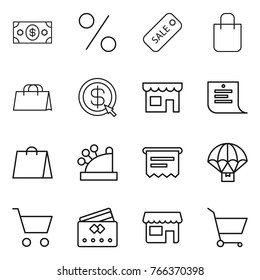 Thin line icon set : money, percent, sale, shopping bag, dollar arrow, shop, list, cashbox, atm receipt, parachute delivery, cart, credit card