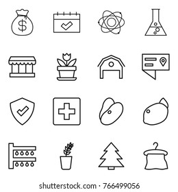 Thin line icon set : money bag, calendar, atom, flask, market, flower, barn, location details, protected, first aid, beans, lemon, watering, seedling, spruce, hanger