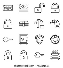 Thin line icon set : money, unlock, lock, insurance, lounger, key, safe, shield, lifebuoy, locked, unlocked, plate washing