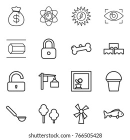 Thin line icon set : money bag, atom, sun power, eye identity, nano tube, lock, bone, block wall, unlock, loading, flower in window, bucket, ladle, trees, windmill, fish