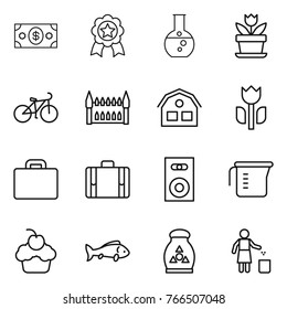 Thin line icon set : money, medal, round flask, flower, bike, gothic architecture, house, perishable, suitcase, speaker, measuring cup, cupcake, fish, fertilizer, garbage bin
