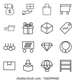 Thin line icon set : money gift, shopping bag, delivery, box, sale label, diamond, necklace, package, parachute, rack