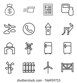 Thin line icon set : money bag, delivery, abacus, scales weight, journey, phone, tower, greate wall, minaret, windmill, fridge, fence, farm