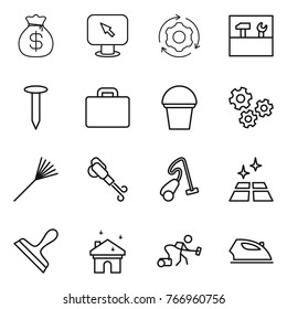 Thin line icon set : money bag, monitor arrow, around gear, tools, nail, suitcase, bucket, gears, rake, blower, vacuum cleaner, clean floor, scraper, house cleaning, iron