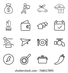 Thin line icon set : money bag, courier, eco car, factory filter, crystall memory, wallet, houses, terms, sun potection, deltaplane, cafe, water tap, electricity, pan, hot pepper