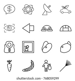 Thin line icon set : money message, atom, satellite antenna, eco car, eye identity, left arrow, dome house, greenhouse, life vest, flower in window, beans, lemon, carrot, peas, trash, rake