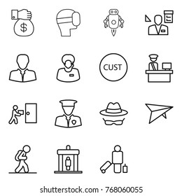 Thin line icon set : money gift, virtual mask, jet robot, architector, client, support manager, customs, control, courier delivery, security man, confidential, deltaplane, tourist, detector