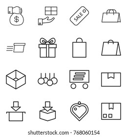 Thin line icon set : money gift, sale, shopping bag, delivery, box, package, heart pendant