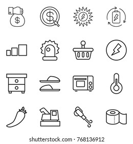 Thin line icon set : money gift, dollar arrow, sun power, battery charge, sorting, alarm, basket, electricity, nightstand, slippers, grill oven, thermometer, hot pepper, harvester, blower