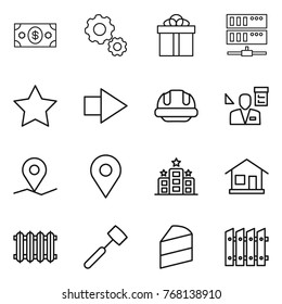 Thin Line Icon Set : Money, Gear, Gift, Server, Star, Right Arrow, Building Helmet, Architector, Geo Pin, Hotel, Home, Radiator, Meat Hammer, Cake, Fence