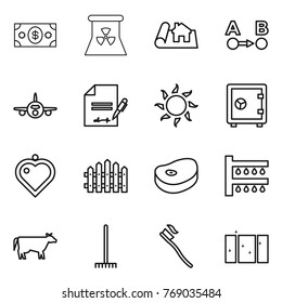 Thin line icon set : money, nuclear power, project, route a to b, plane, inventory, sun, safe, heart pendant, fence, steake, watering, cow, rake, tooth brush, clean window