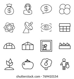 Thin line icon set : money bag, call center, message, atom core, satellite antenna, eye identity, market, greenhouse, flower in window, seedling, sprouting, tomato, garden, trash