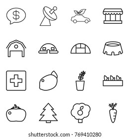 Thin line icon set : money message, satellite antenna, eco car, market, barn, dome house, greenhouse, stadium, first aid, lemon, seedling, tomato, spruce, garden, carrot