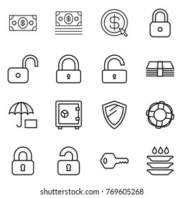 Thin line icon set : money, dollar arrow, lock, unlock, insurance, safe, shield, lifebuoy, locked, unlocked, key, plate washing