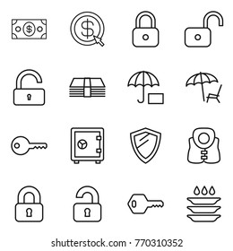 Thin line icon set : money, dollar arrow, lock, unlock, insurance, lounger, key, safe, shield, life vest, locked, unlocked, plate washing