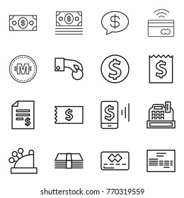 Thin line icon set : money, message, tap to pay, crypto currency, hand coin, dollar, receipt, account balance, mobile, cashbox, credit card, invoice