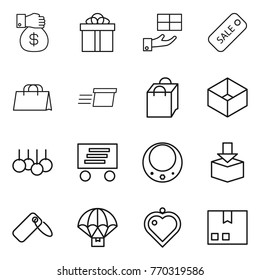 Thin line icon set : money gift, sale, shopping bag, delivery, box, necklace, package, label, parachute, heart pendant