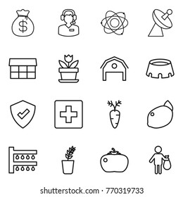 Thin line icon set : money bag, call center, atom, satellite antenna, market, flower, barn, stadium, protected, first aid, carrot, lemon, watering, seedling, tomato, trash