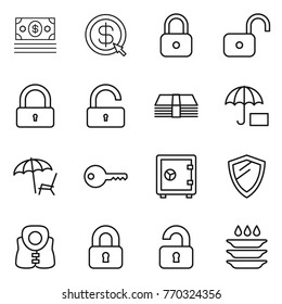 Thin line icon set : money, dollar arrow, lock, unlock, insurance, lounger, key, safe, shield, life vest, locked, unlocked, plate washing