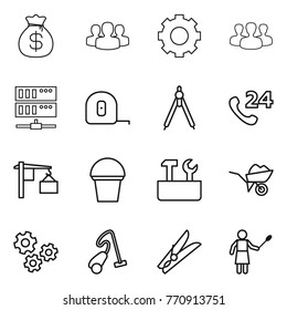 Thin line icon set : money bag, group, gear, server, measuring tape, drawing compasses, phone 24, loading, bucket, repair tools, wheelbarrow, gears, vacuum cleaner, clothespin, woman with duster