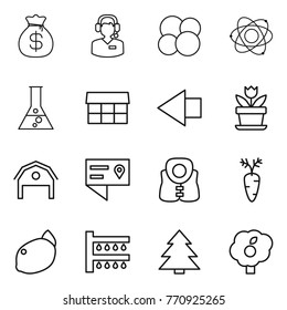 Thin line icon set : money bag, call center, atom core, flask, market, left arrow, flower, barn, location details, life vest, carrot, lemon, watering, spruce, garden