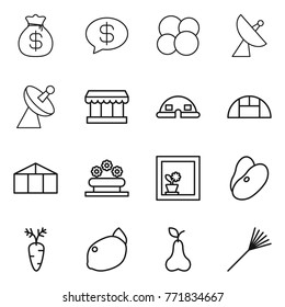 Thin line icon set : money bag, message, atom core, satellite antenna, market, dome house, greenhouse, flower bed, in window, beans, carrot, lemon, pear, rake