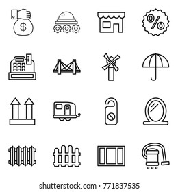 Thin line icon set : money gift, lunar rover, shop, percent, cashbox, bridge, windmill, dry cargo, top sign, trailer, do not distrub, mirror, radiator, fence, window, vacuum cleaner