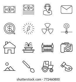 Thin line icon set : money, call center, mail, dollar arrow, lightning, nuclear, laser, home, fountain, gothic architecture, camera, landscape, big spoon, tractor, wiping