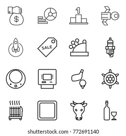 Thin line icon set : money gift, diagram, pedestal, satellite, rocket, sale label, cashbox, spark plug, necklace, atm, golf, handwheel, radiator, cutting board, cow, wine