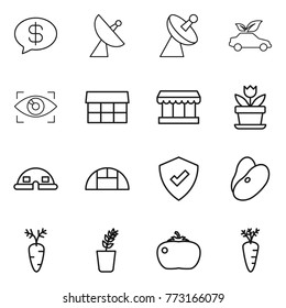Thin line icon set : money message, satellite antenna, eco car, eye identity, market, flower, dome house, greenhouse, protected, beans, carrot, seedling, tomato