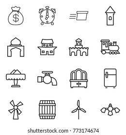 Thin line icon set : money bag, alarm clock, delivery, tower, minaret, japanese house, fort, train, restaurant, water tap, dresser, fridge, windmill, barrel, hard reach place cleaning