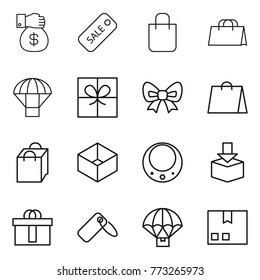 Thin line icon set : money gift, sale, shopping bag, parachute, bow, box, necklace, package, hi quality, label, delivery