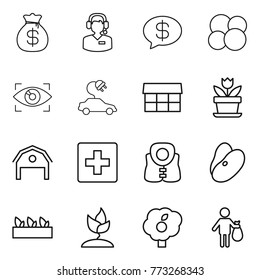 Thin line icon set : money bag, call center, message, atom core, eye identity, electric car, market, flower, barn, first aid, life vest, beans, seedling, sprouting, garden, trash