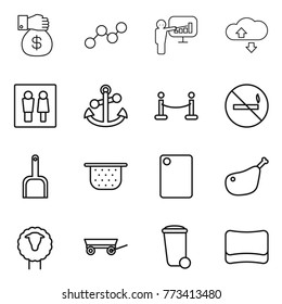 Thin line icon set : money gift, graph, presentation, cloude service, wc, anchor, vip fence, no smoking, scoop, colander, cutting board, chicken leg, sheep, trailer, trash bin, sponge