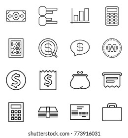 Thin line icon set : money, diagram, graph, calculator, abacus, dollar arrow, message, crypto currency, coin, receipt, purse, atm, invoice, suitcase