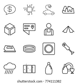 Thin line icon set : money message, chip, electric car, project, 3d, location details, workman, tent, iron, inflatable pool, ring button, blender, rain cloud, clean window, cleanser, dish