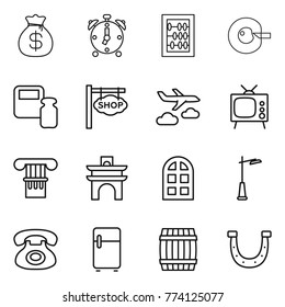Thin line icon set : money bag, alarm clock, abacus, cell corection, scales weight, shop signboard, journey, tv, column, arch, window, outdoor light, phone, fridge, barrel, horseshoe