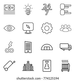 Thin line icon set : money, bulb, 24 7, diagram, eye, monitor arrow, gear, group, infinity power, skyscraper, hangare, shipping, suitcase, hotel, identity card, radiator
