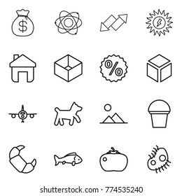 Thin line icon set : money bag, atom, up down arrow, sun power, home, box, percent, 3d, plane, dog, landscape, bucket, croissant, fish, tomato, microb