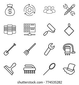 Thin line icon set : money bag, around gear, group, pencil wrench, server, repair, rag, shovel, fork, vacuum cleaner, scraper, brush, duster, floor washing