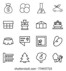 Thin line icon set : money bag, atom core, flask, eco car, market, flower, greenhouse, bed, stadium, location details, in window, beans, watering, spruce, garden, cleaning