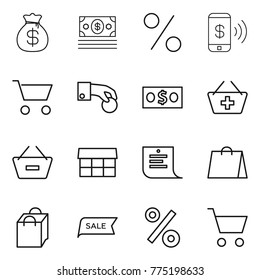 Thin line icon set : money bag, percent, phone pay, cart, hand coin, add to basket, remove from, market, shopping list, sale