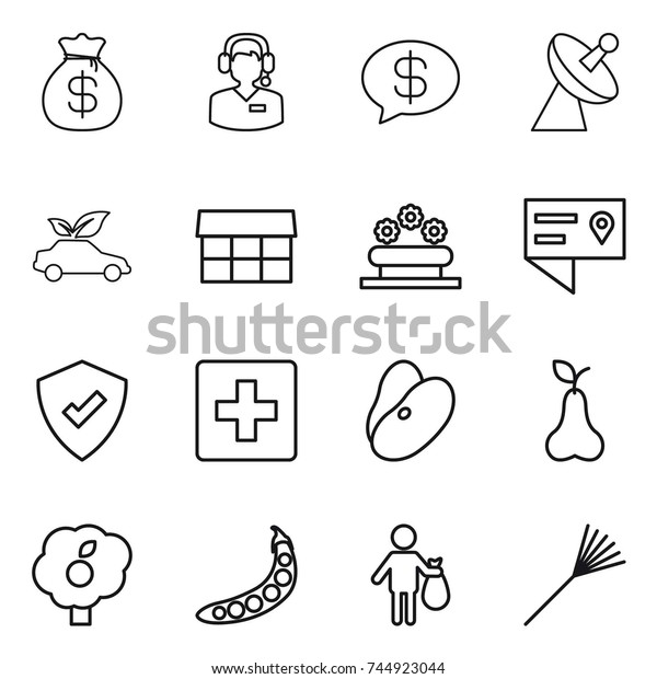 thin line
icon set : money bag, call center, message, satellite antenna, eco
car, market, flower bed, location details, protected, first aid,
beans, pear, garden, peas, trash,
rake